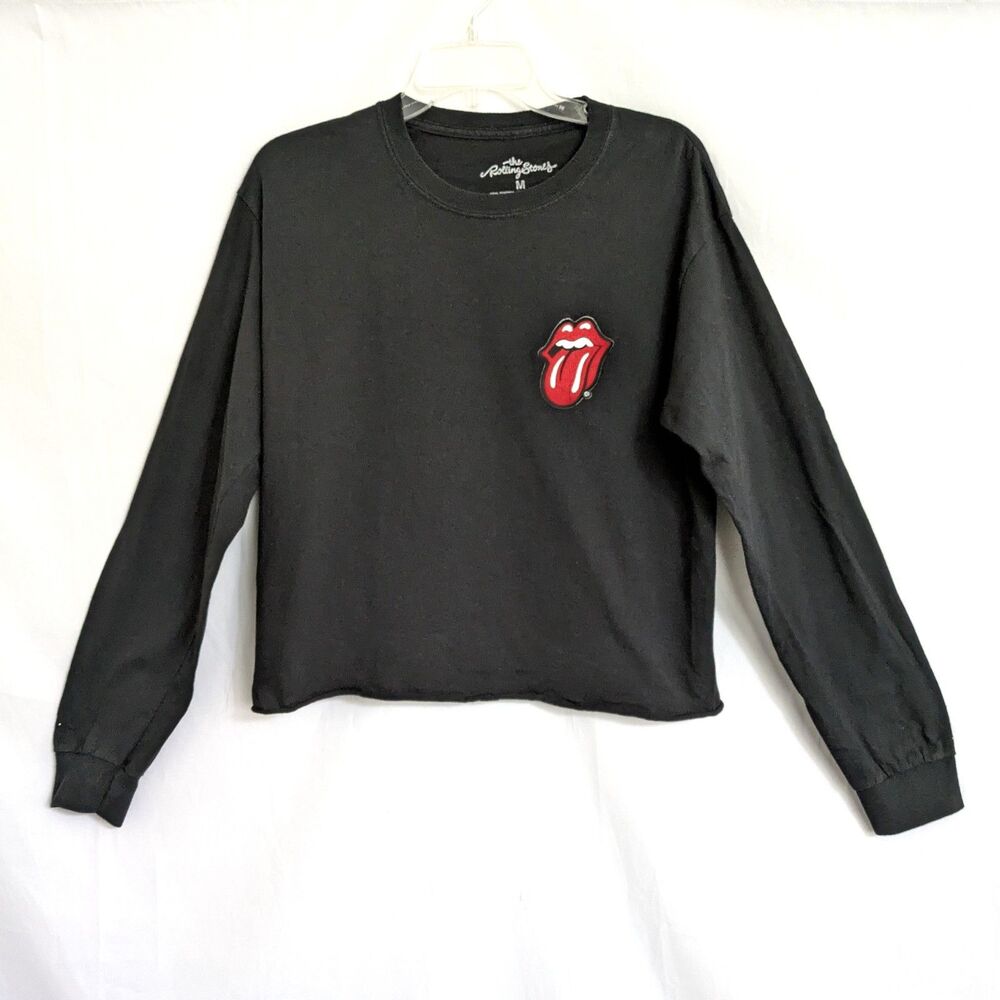 Rolling Stones Black T-Shirt Size M Graphic Logo Lips and Tongue Cotton Cropped